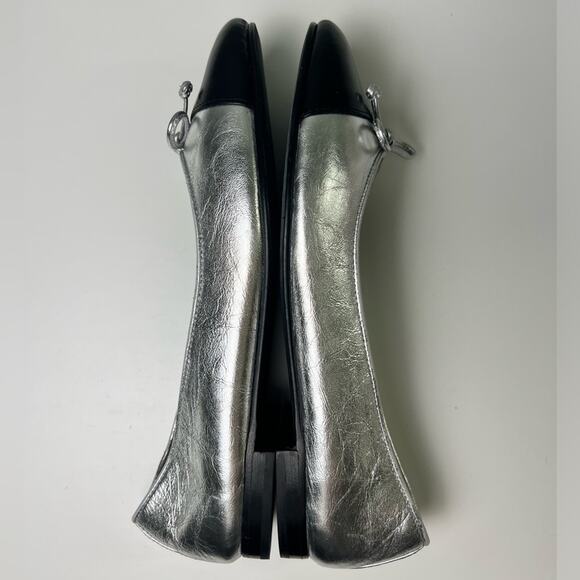 Tory Burch Leather Silver Black Cap Toe Double T Bow Ballet Flats 6 - Picture 5 of 10
